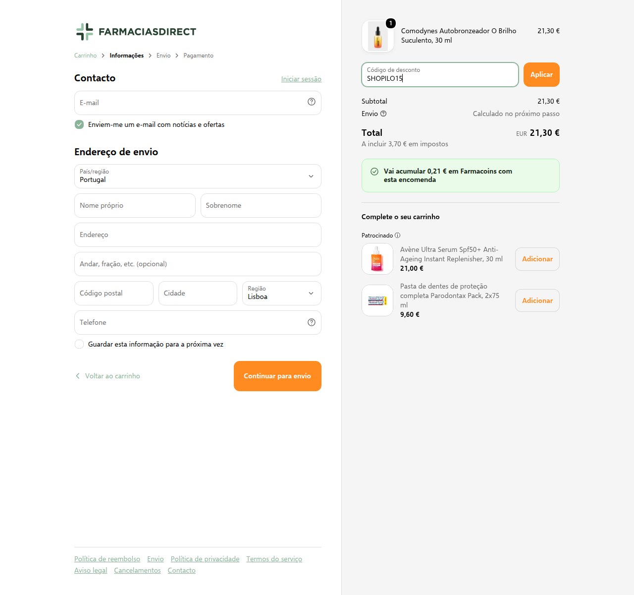 Onde inserir o código de desconto no site da Farmaciasdirect