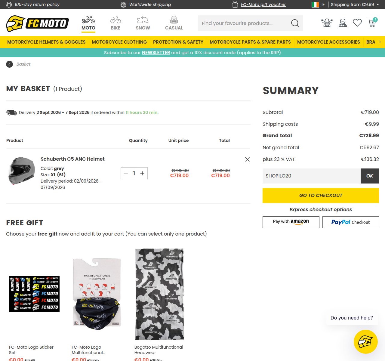 Where to enter the discount code on the FC-Moto website
