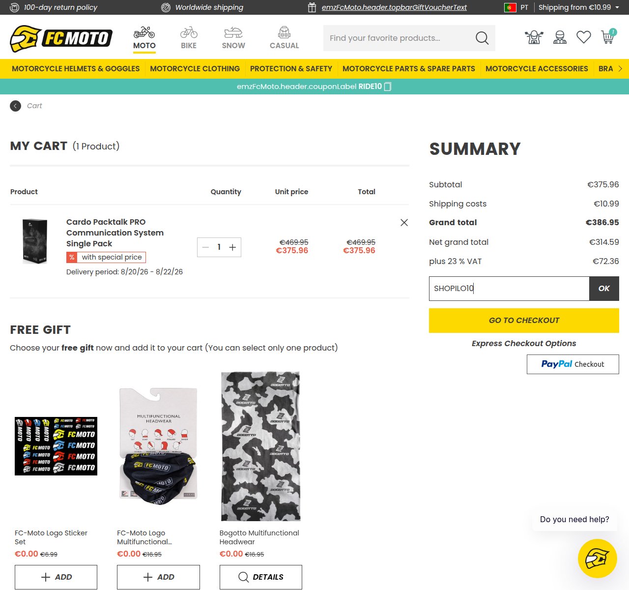 Onde inserir o código de desconto no site da FC-Moto
