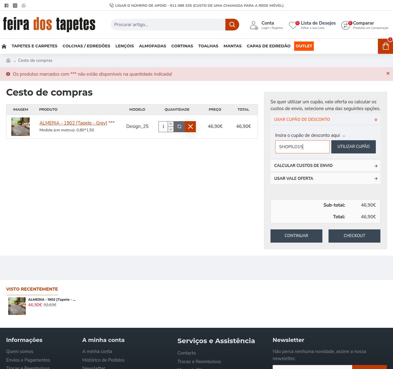 Onde inserir o código de desconto no site da Feira dos Tapetes