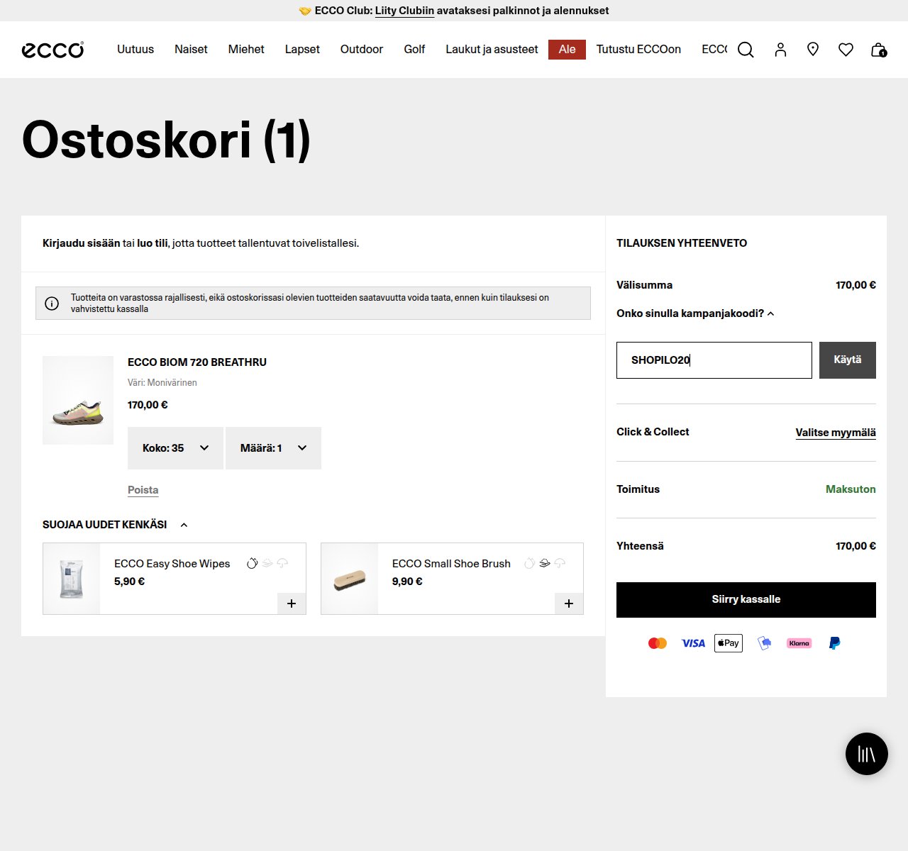 Mihin alennuskoodi syötetään ECCO-sivustolla