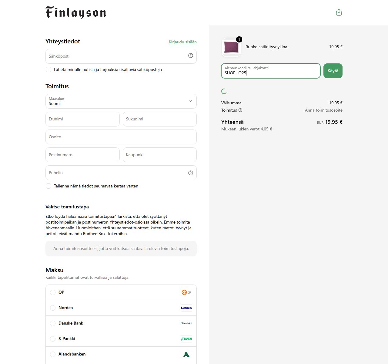 Mihin alennuskoodi syötetään Finlayson-sivustolla