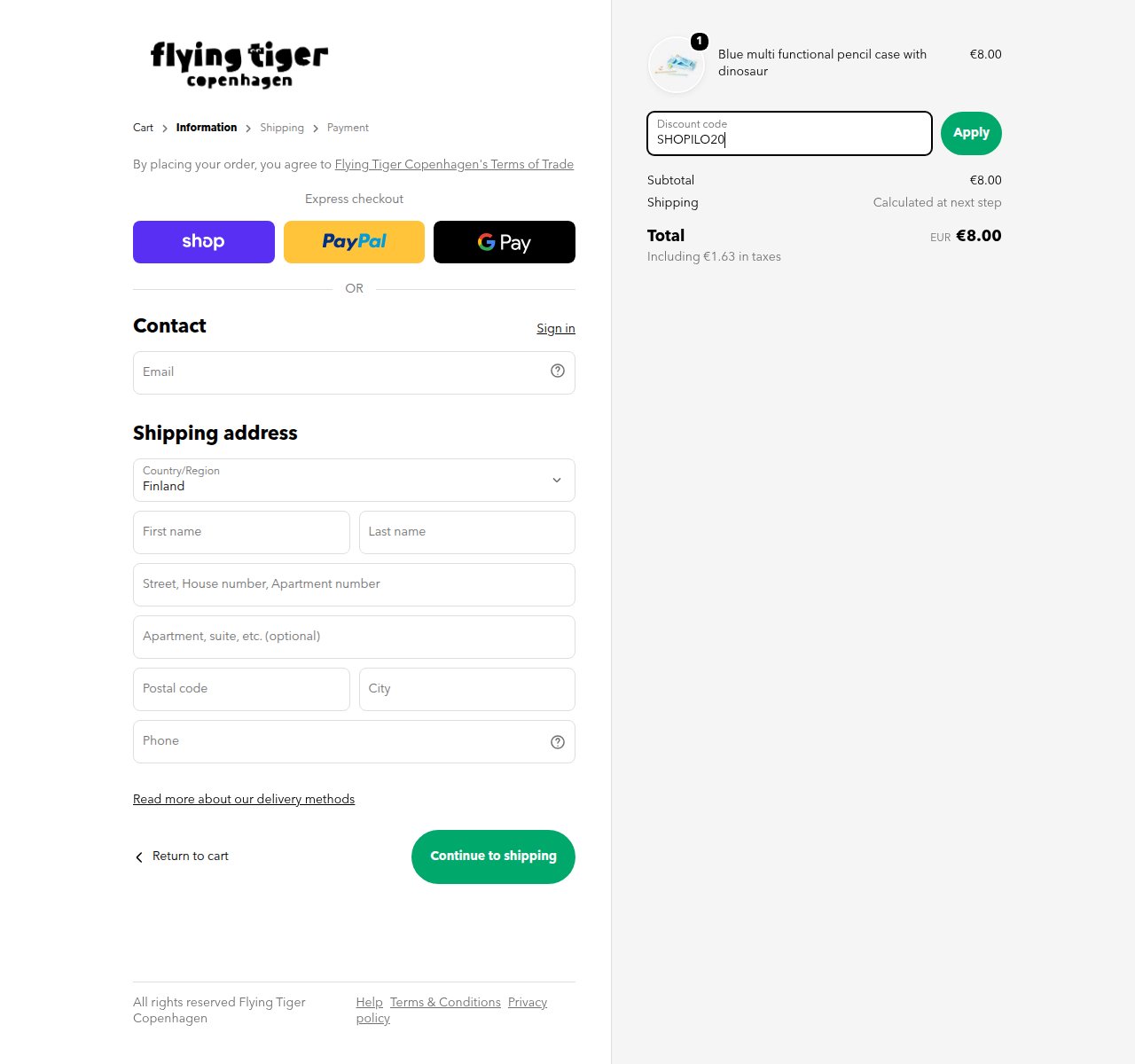 Mihin alennuskoodi syötetään Flying Tiger Copenhagen-sivustolla