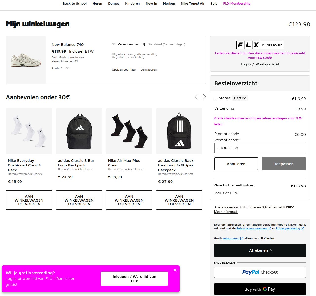 Waar je de kortingscode invoert op de Foot Locker-website