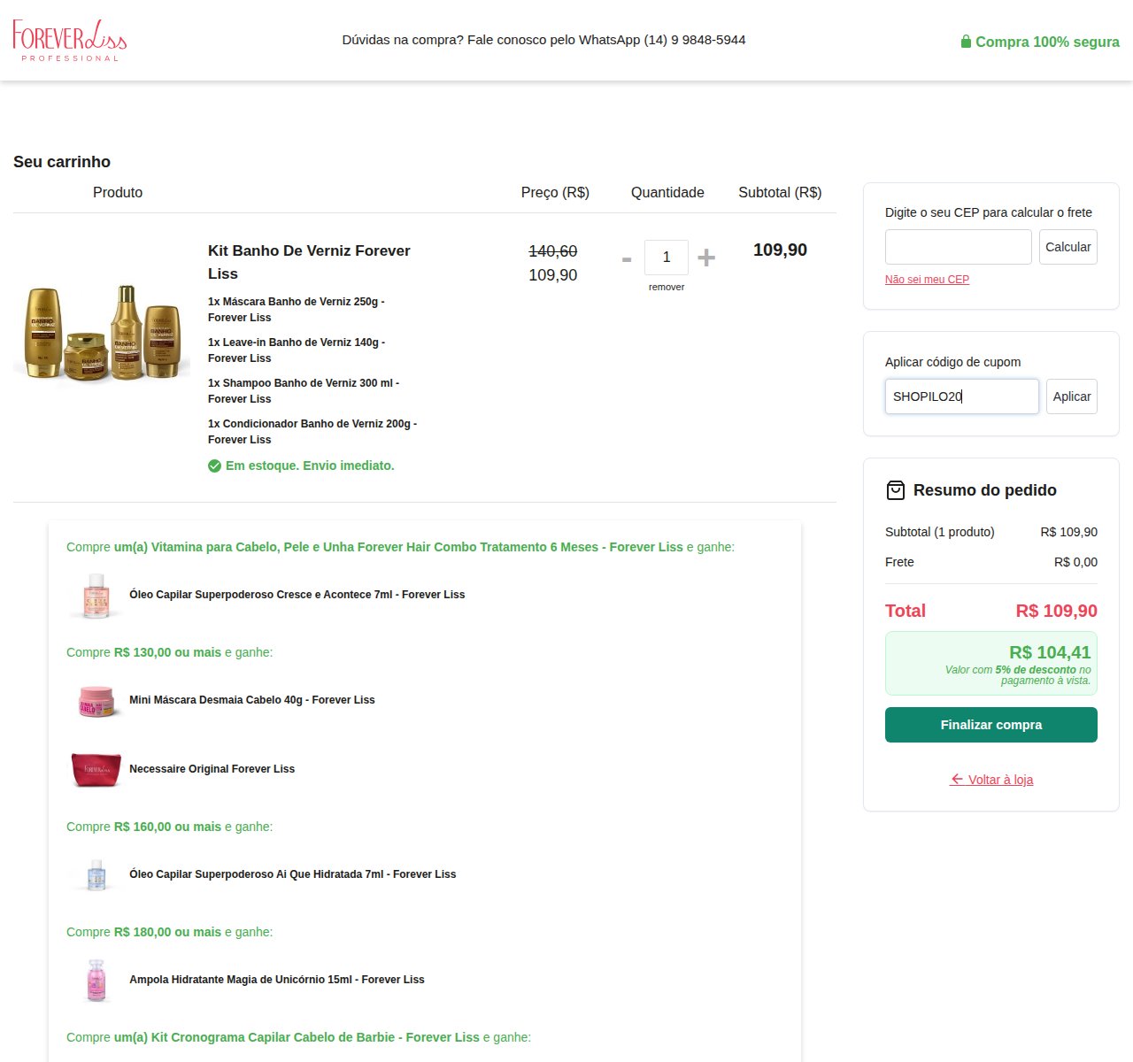 Onde inserir o código de desconto no site da Forever Liss
