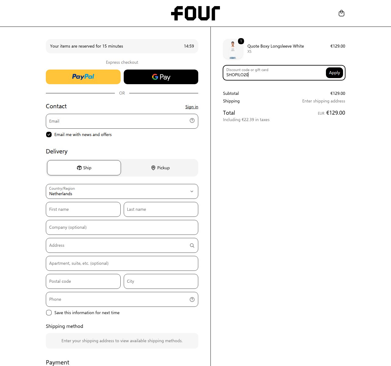 Waar je de kortingscode invoert op de FOUR Amsterdam-website