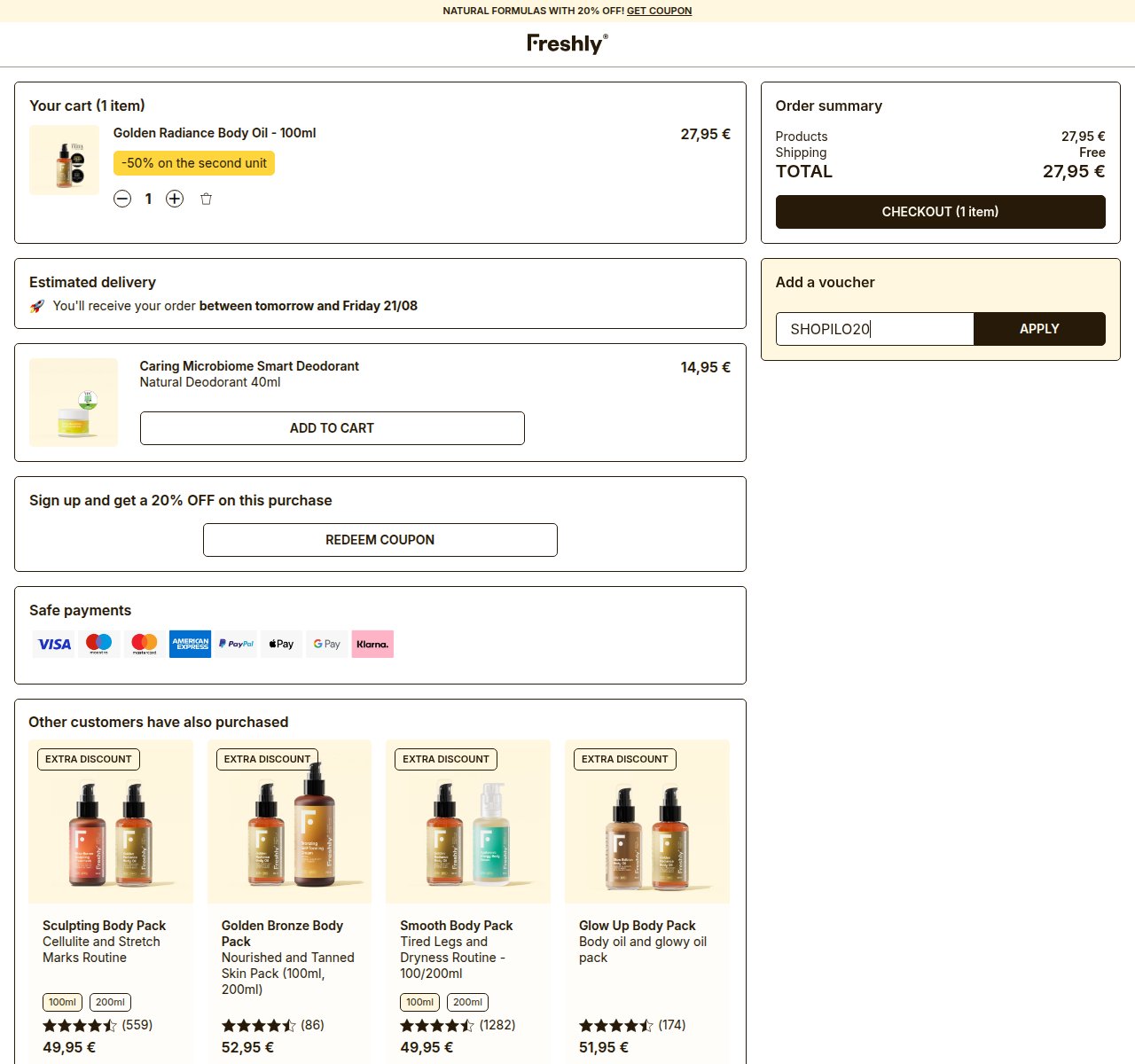Onde inserir o código de desconto no site da Freshly Cosmetics
