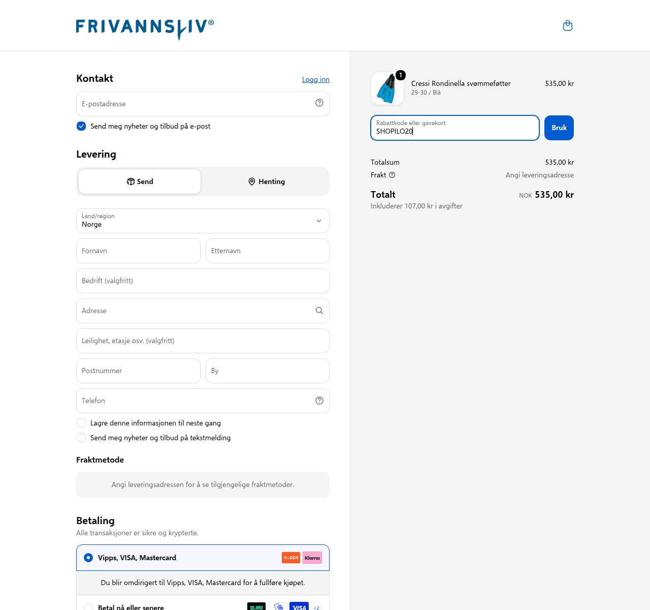 Where to enter the discount code on the Frivannsliv website
