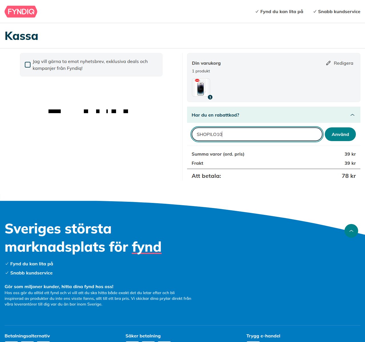 Var du anger rabattkoden på Fyndiqs webbplats