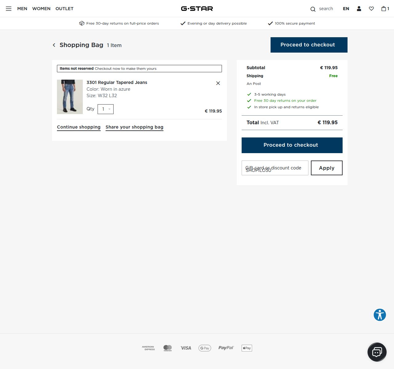 Where to enter the discount code on the G-Star website