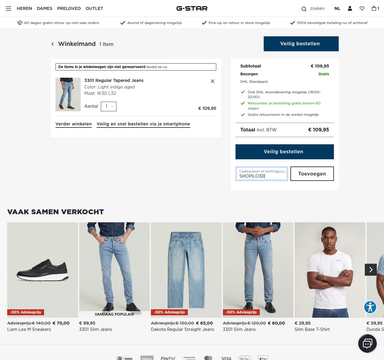 Waar je de kortingscode invoert op de G-Star-website