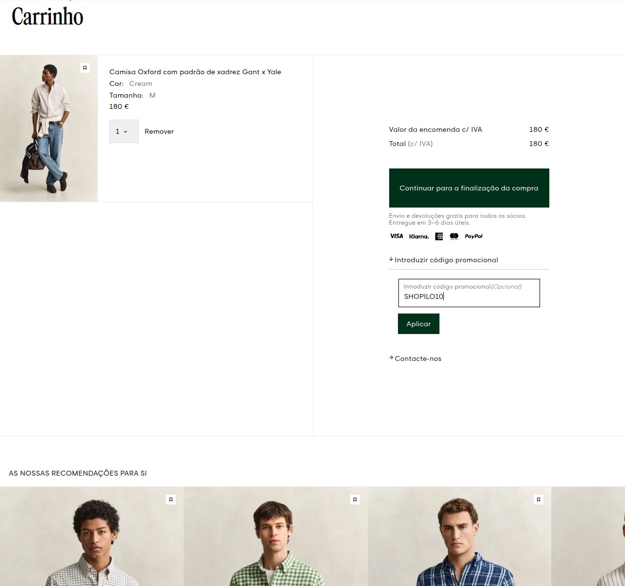 Onde inserir o código de desconto no site da GANT