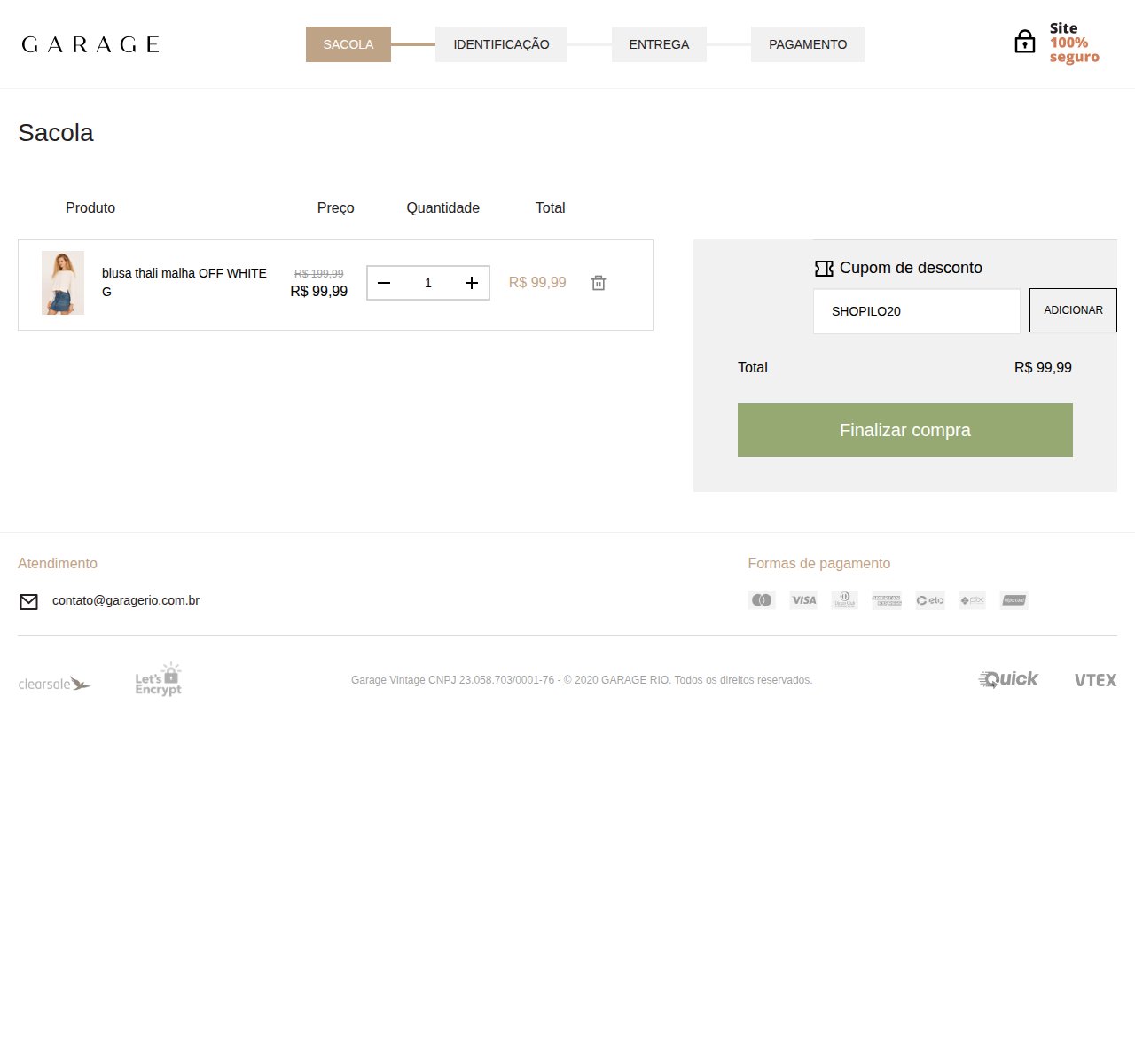 Onde inserir o código de desconto no site da Garage Rio