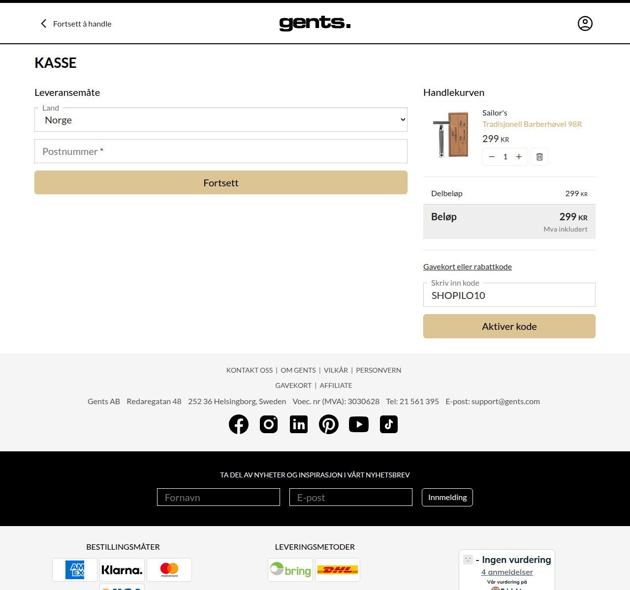 Where to enter the discount code on the Gents website