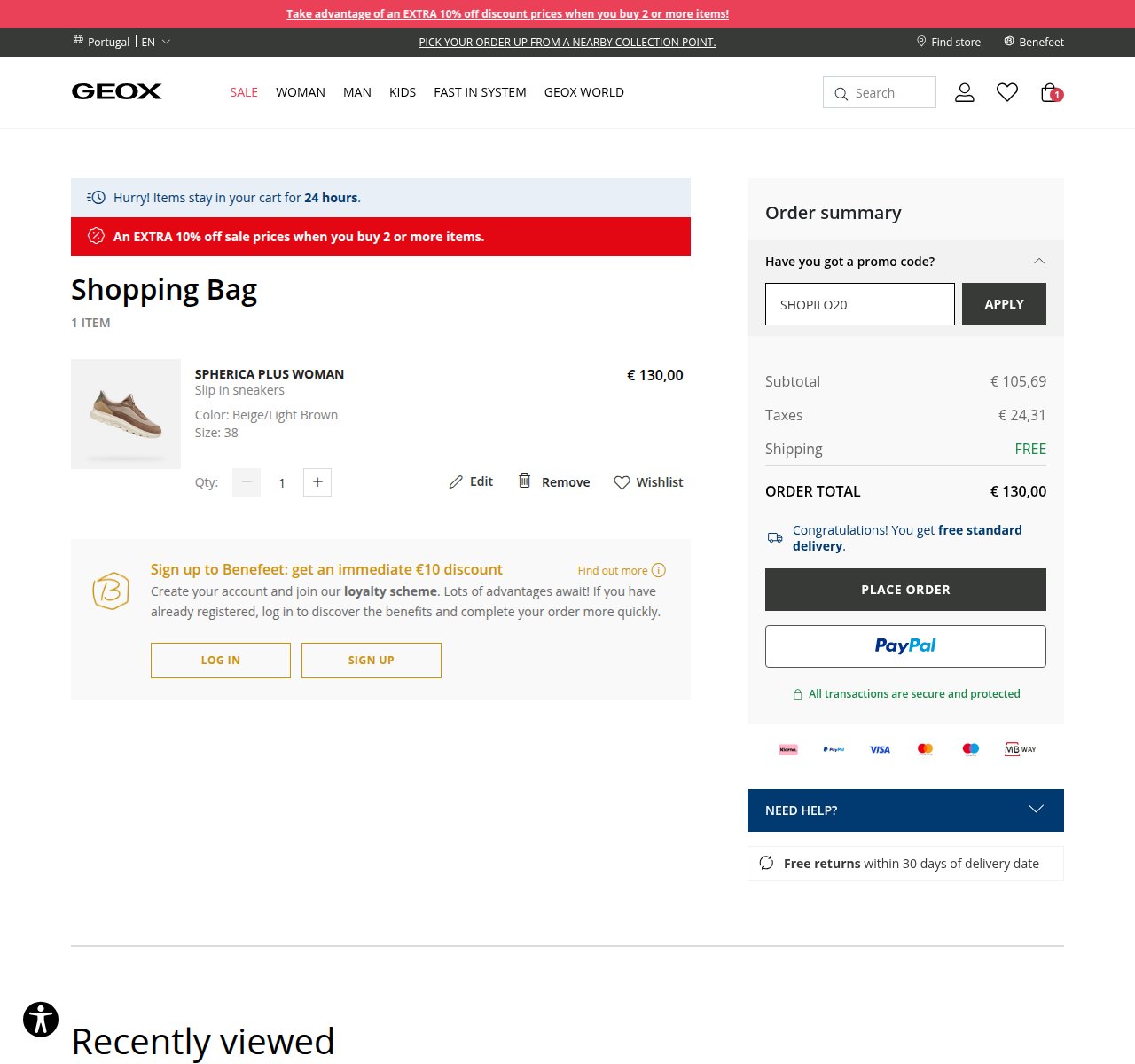 Onde inserir o código de desconto no site da Geox