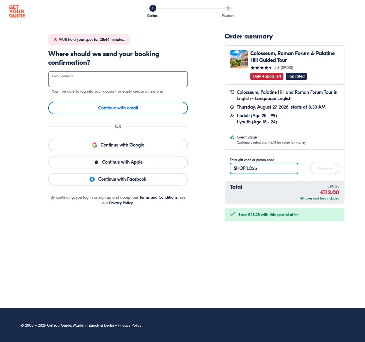 Where to enter the discount code on the GetYourGuide website