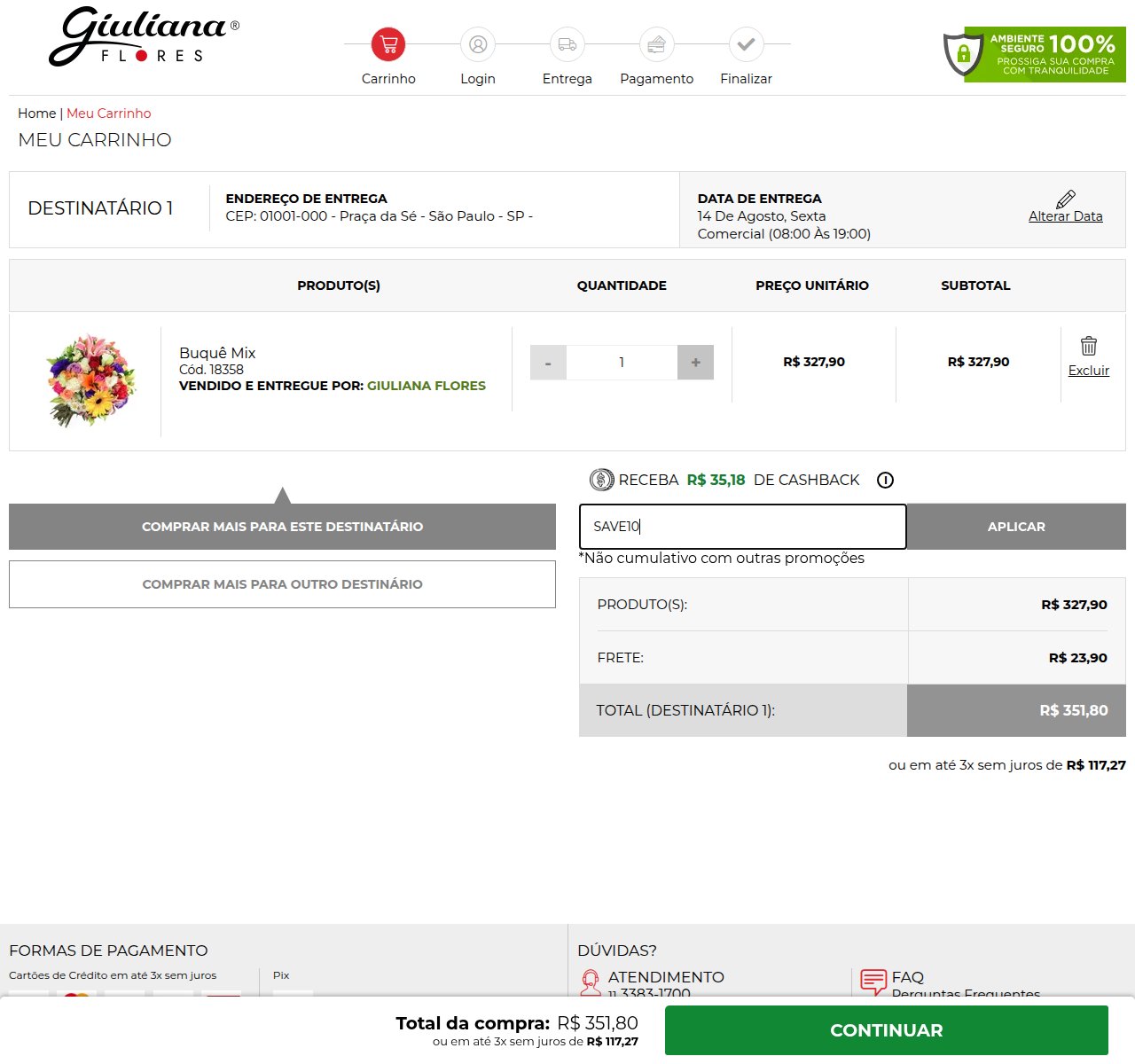 Onde inserir o código de desconto no site da Giuliana Flores