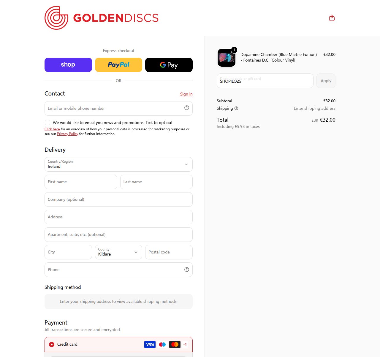Where to enter the discount code on the Golden Discs website