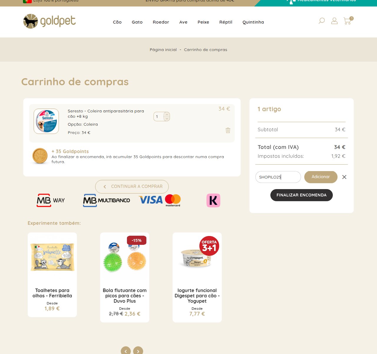 Onde inserir o código de desconto no site da Goldpet