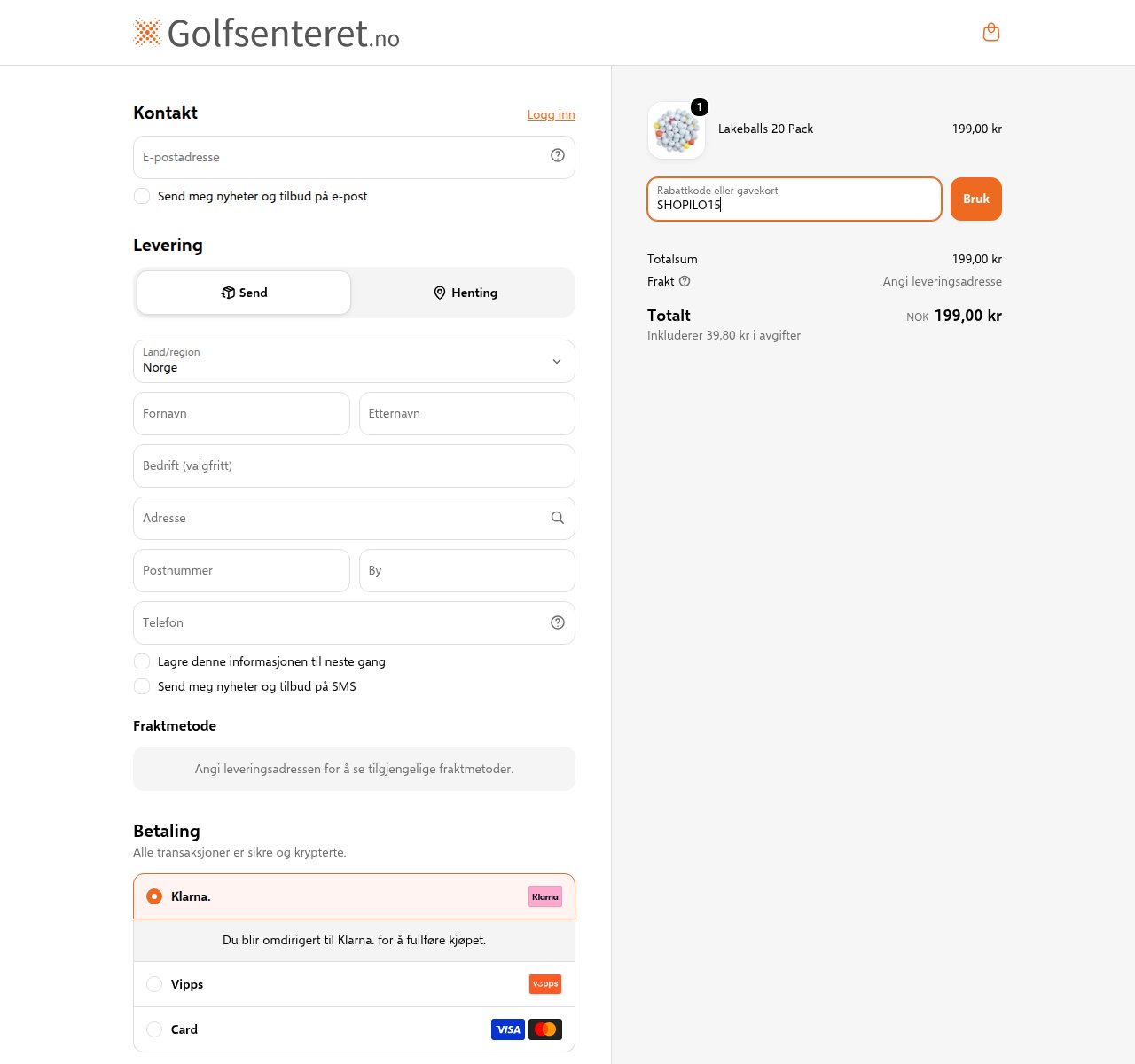 Where to enter the discount code on the Golfsenteret website