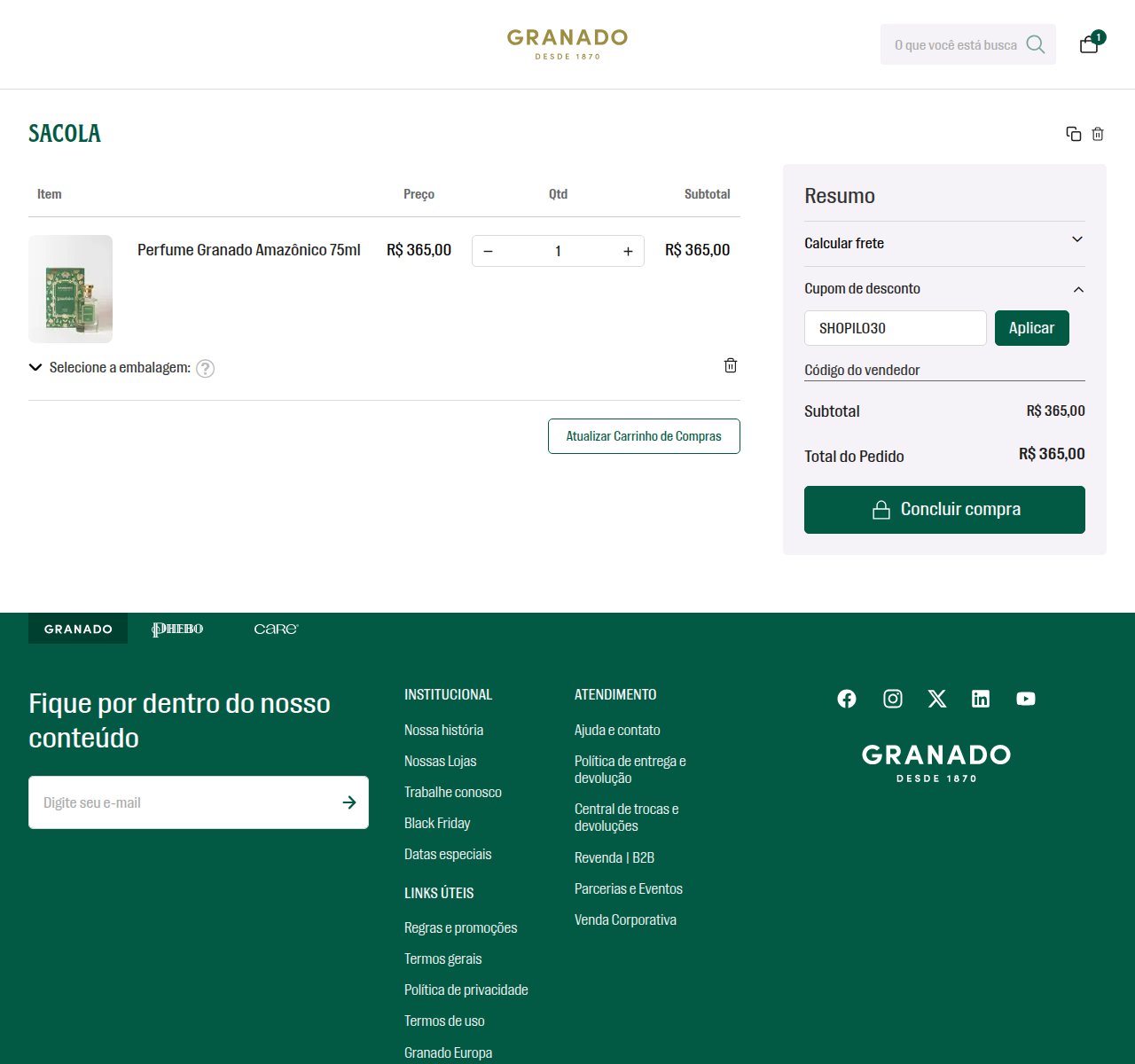 Onde inserir o código de desconto no site da Granado