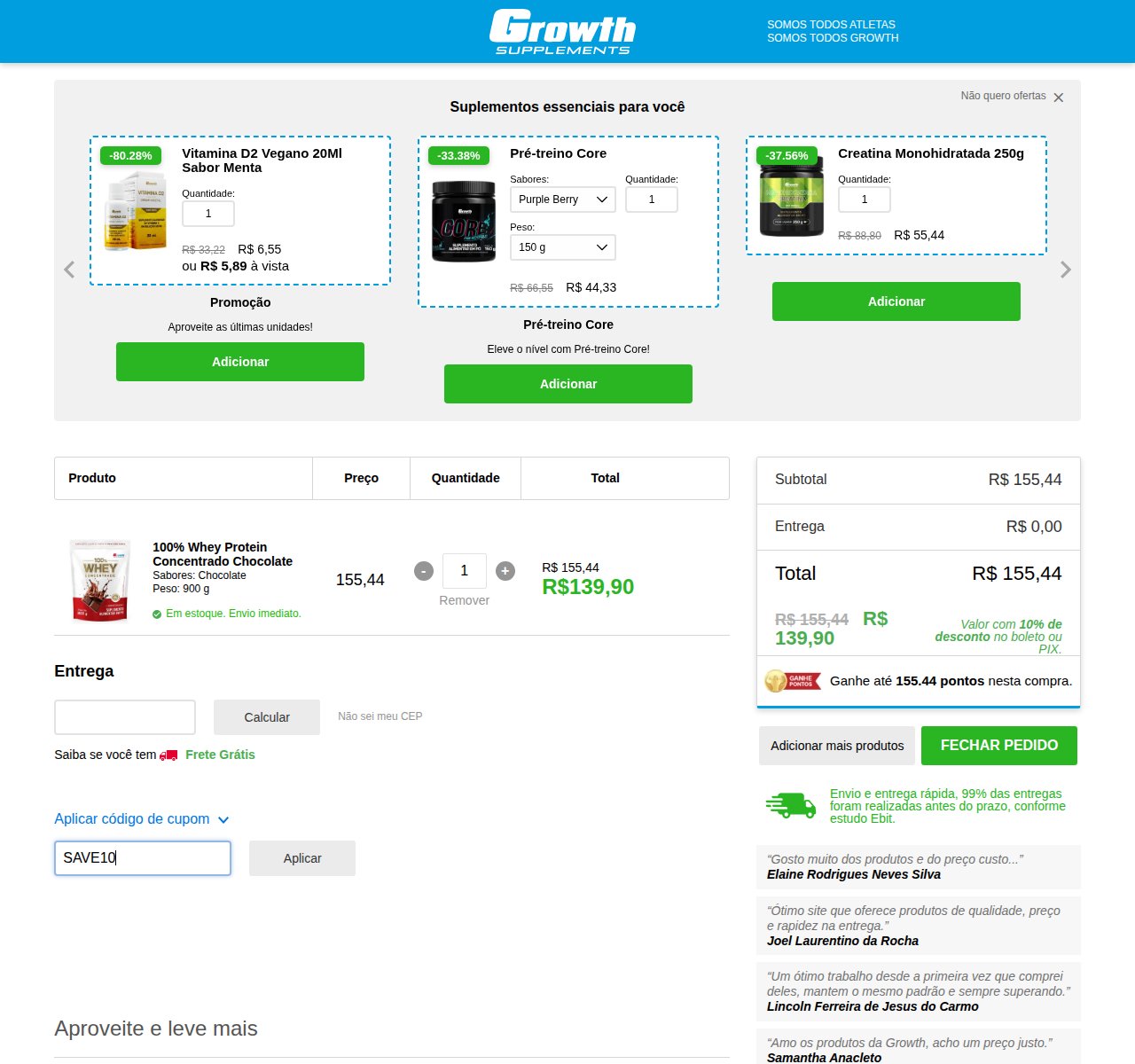 Onde inserir o código de desconto no site da Growth Supplements