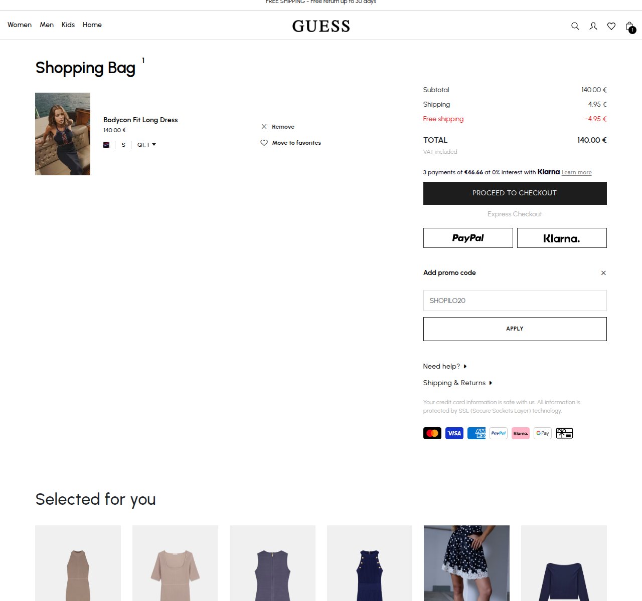 Where to enter the discount code on the GUESS website
