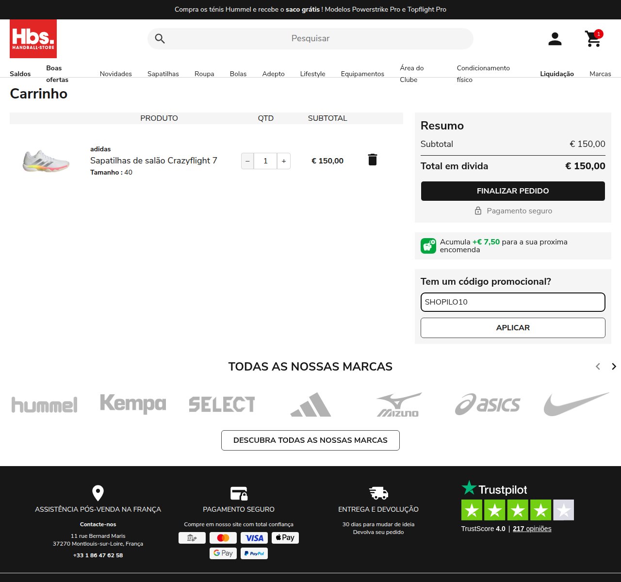 Onde inserir o código de desconto no site da Handball Store