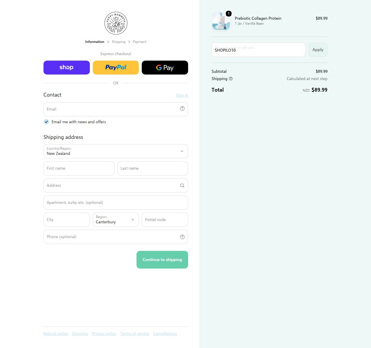 Where to enter the discount code on the Happy Mammoth website