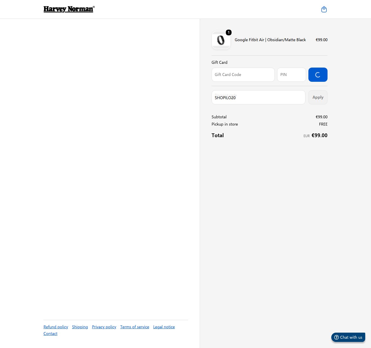 Where to enter the discount code on the Harvey Norman website