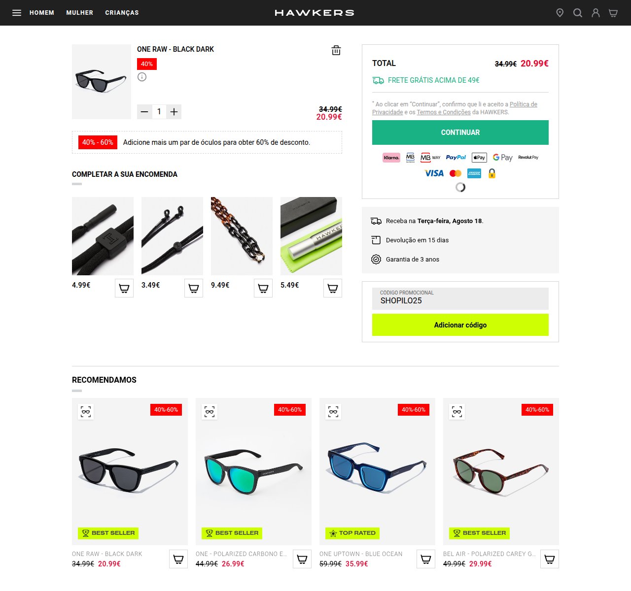 Onde inserir o código de desconto no site da Hawkers