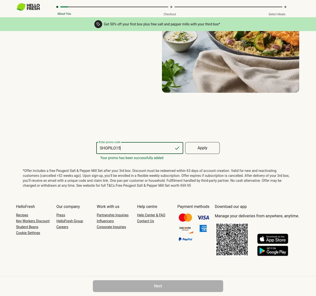 Where to enter the discount code on the HelloFresh website