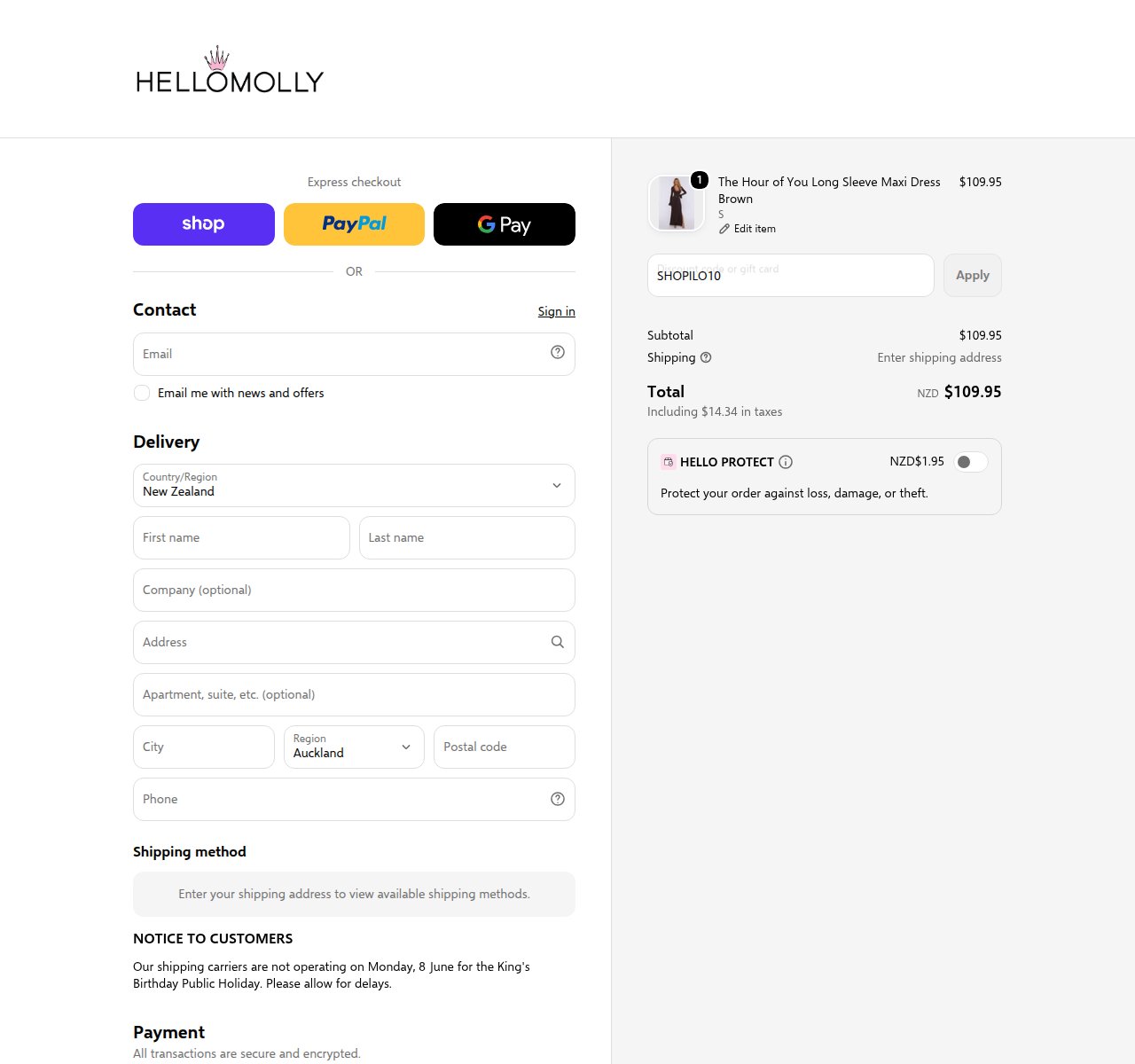 Where to enter the discount code on the Hello Molly website