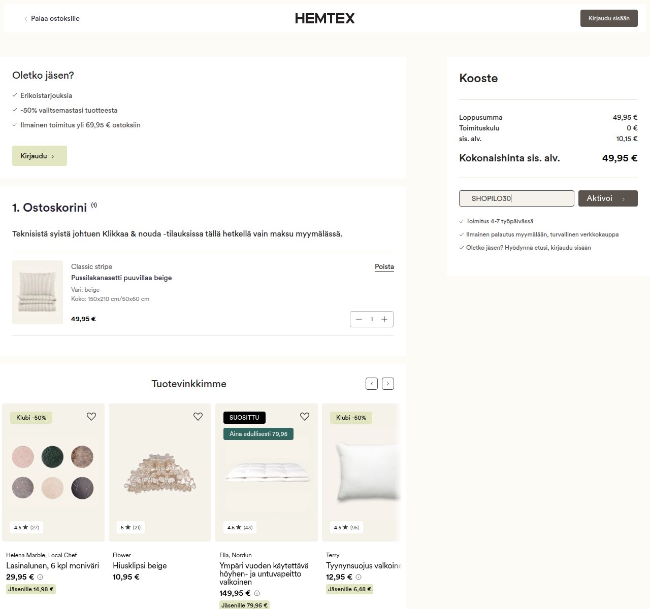 Mihin alennuskoodi syötetään Hemtex-sivustolla