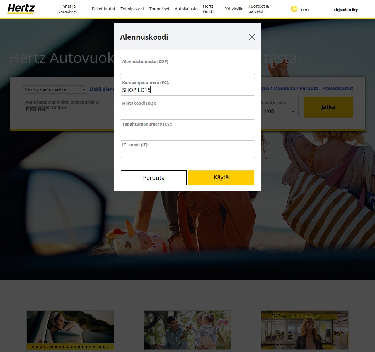 Mihin alennuskoodi syötetään Hertz-sivustolla