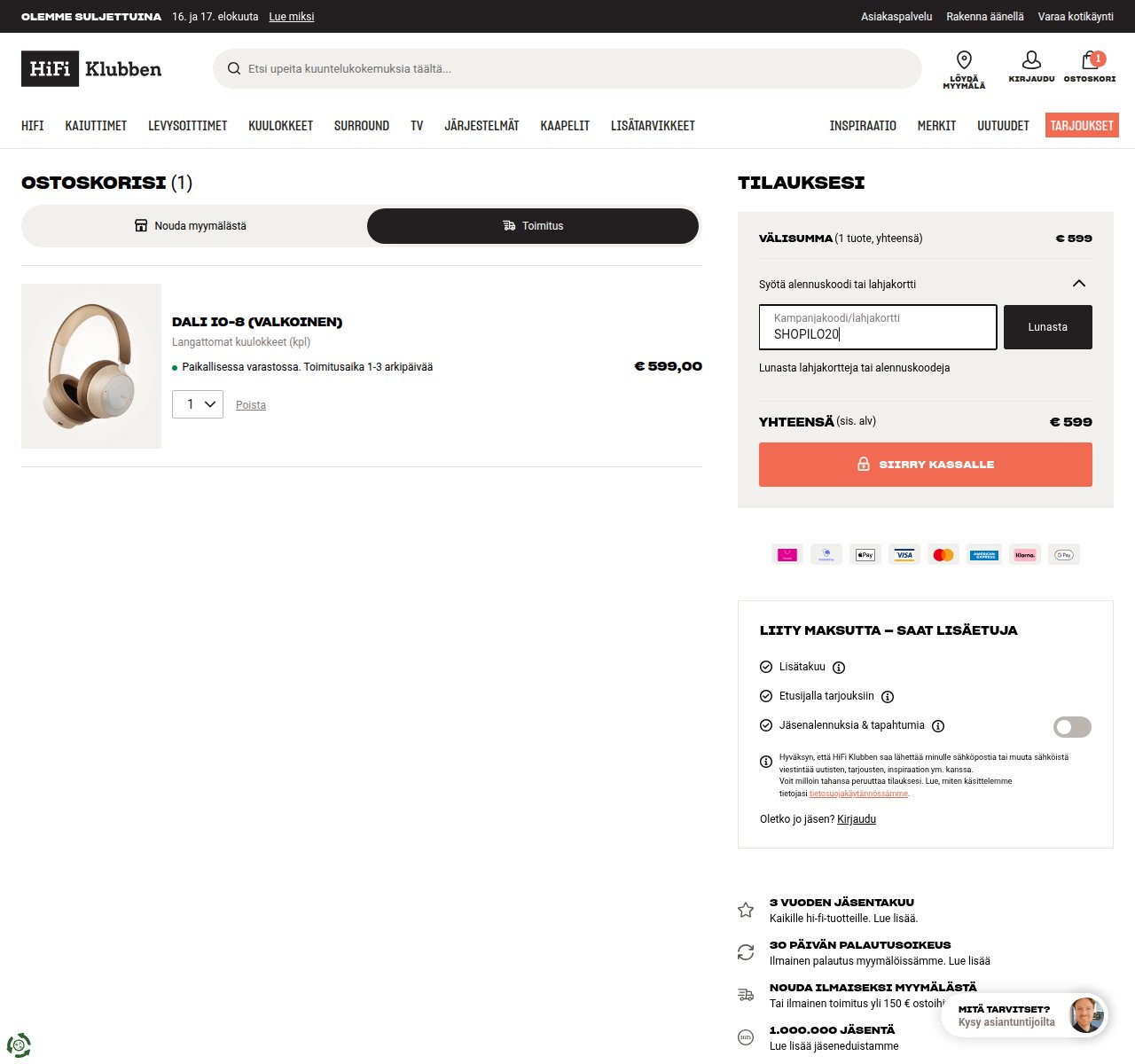 Mihin alennuskoodi syötetään HiFi Klubben-sivustolla