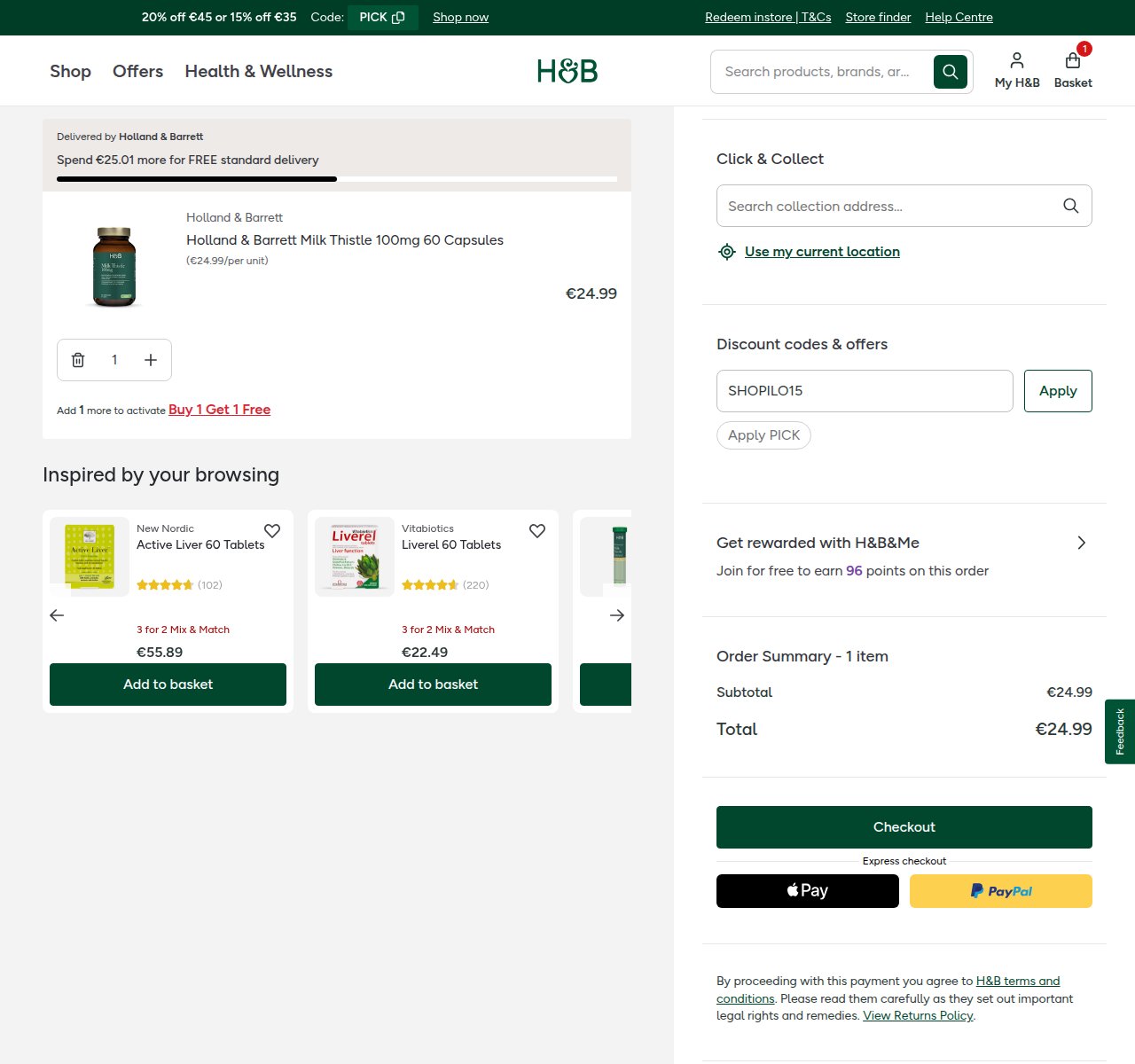 Where to enter the discount code on the Holland & Barrett website