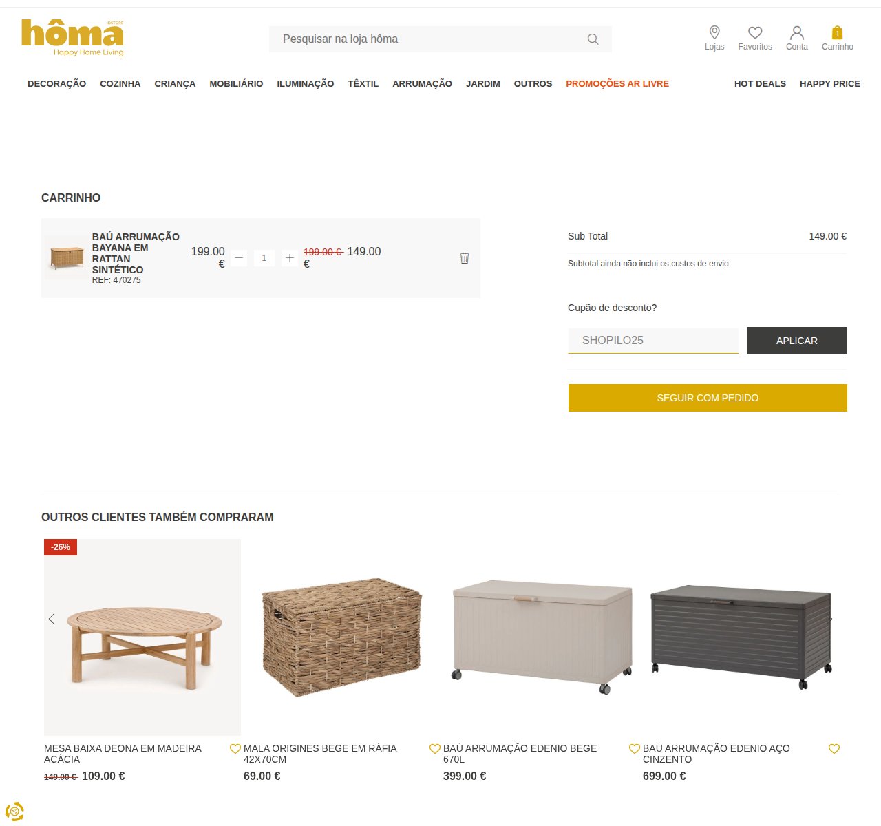 Onde inserir o código de desconto no site da HÔMA