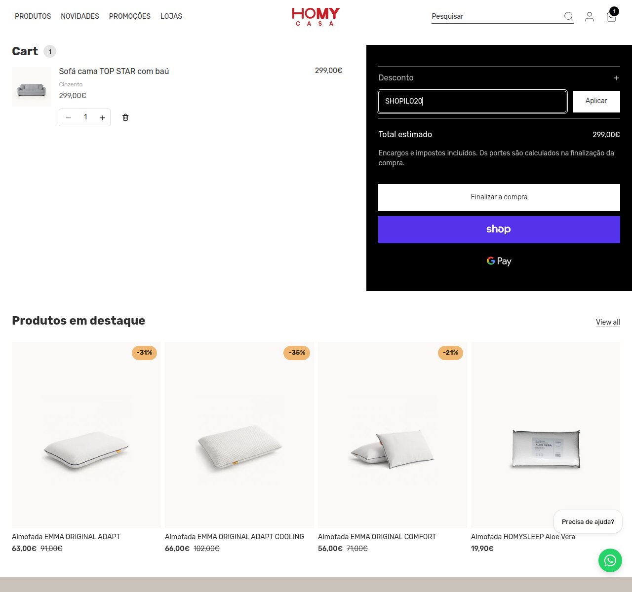 Onde inserir o código de desconto no site da HomyCasa