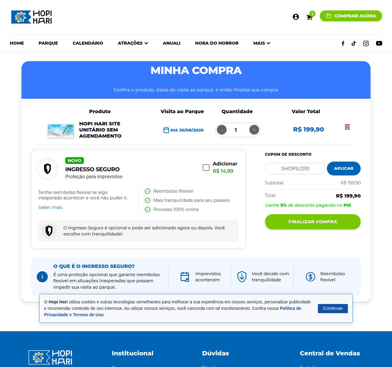 Onde inserir o código de desconto no site da Hopi Hari
