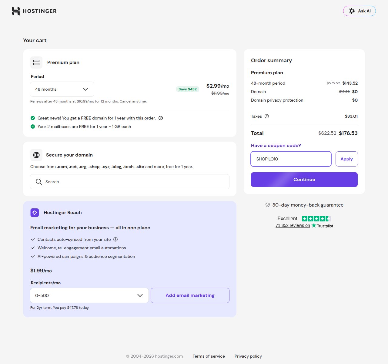 Onde inserir o código de desconto no site da Hostinger