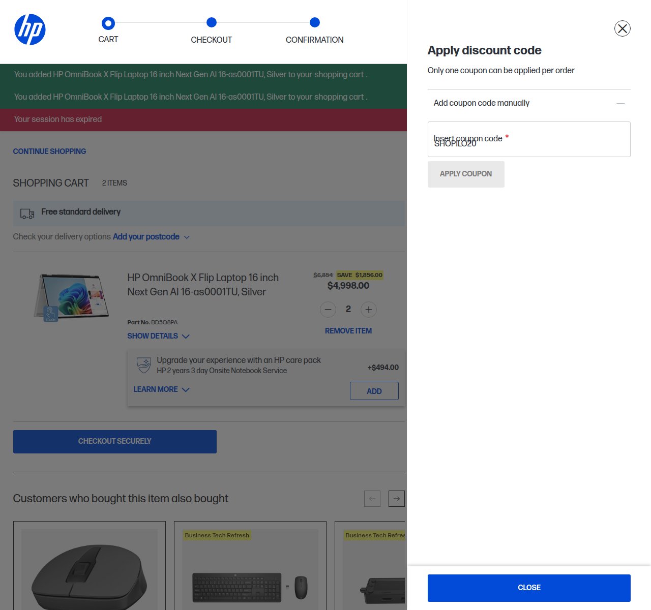 Where to enter the discount code on the HP website