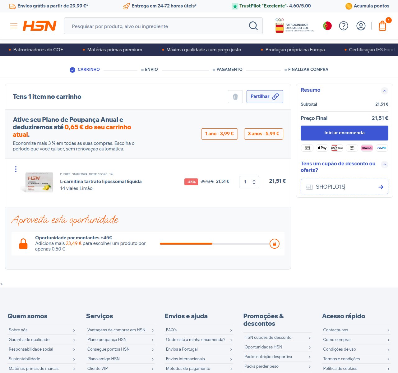 Onde inserir o código de desconto no site da HSNstore