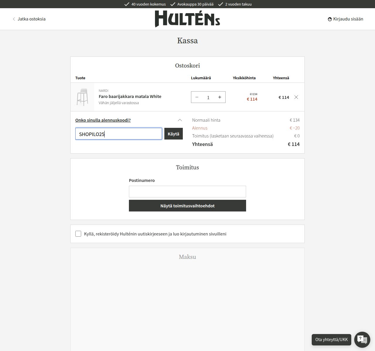 Mihin alennuskoodi syötetään Hulténs-sivustolla