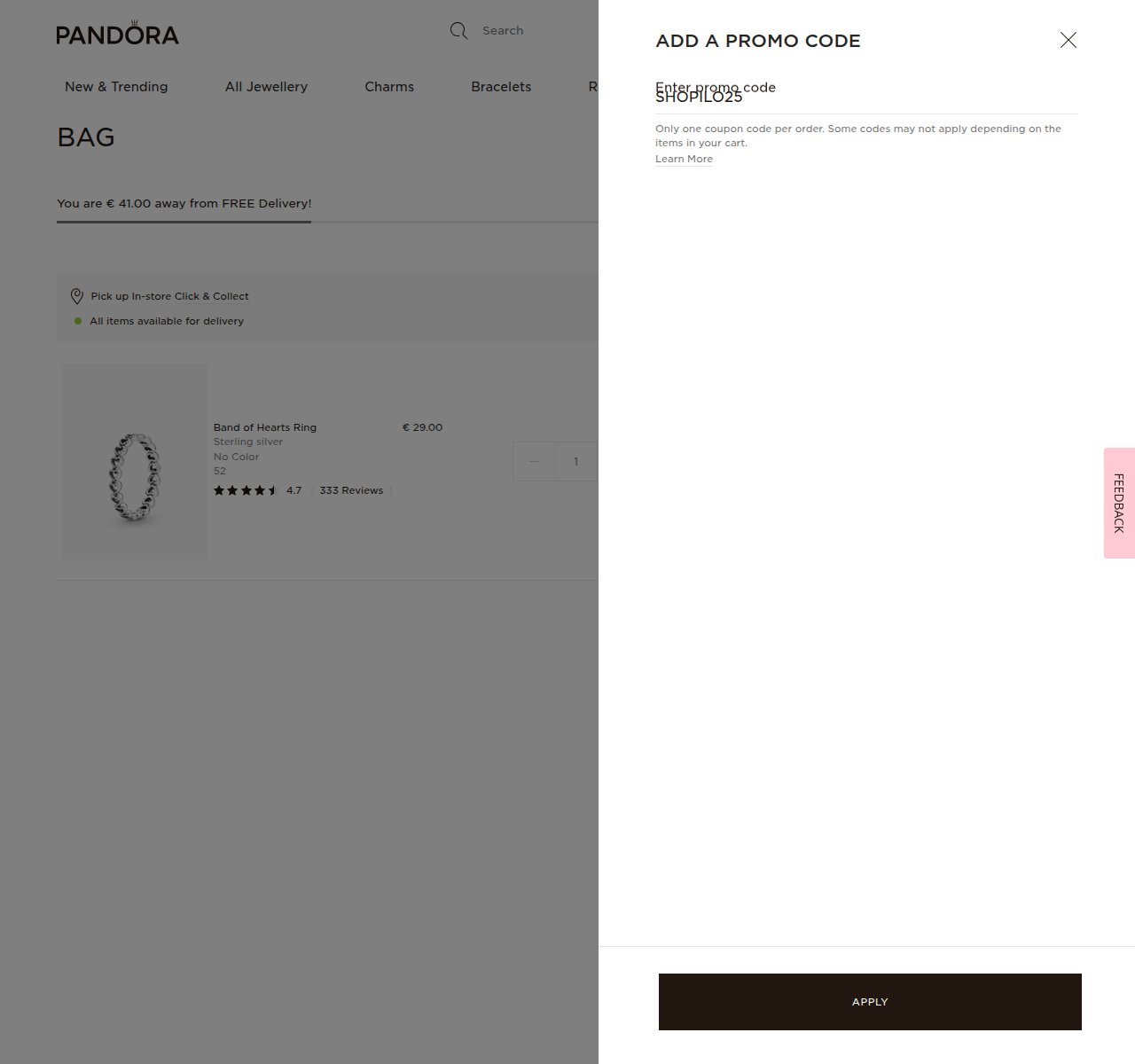 Where to enter the discount code on the Pandora website