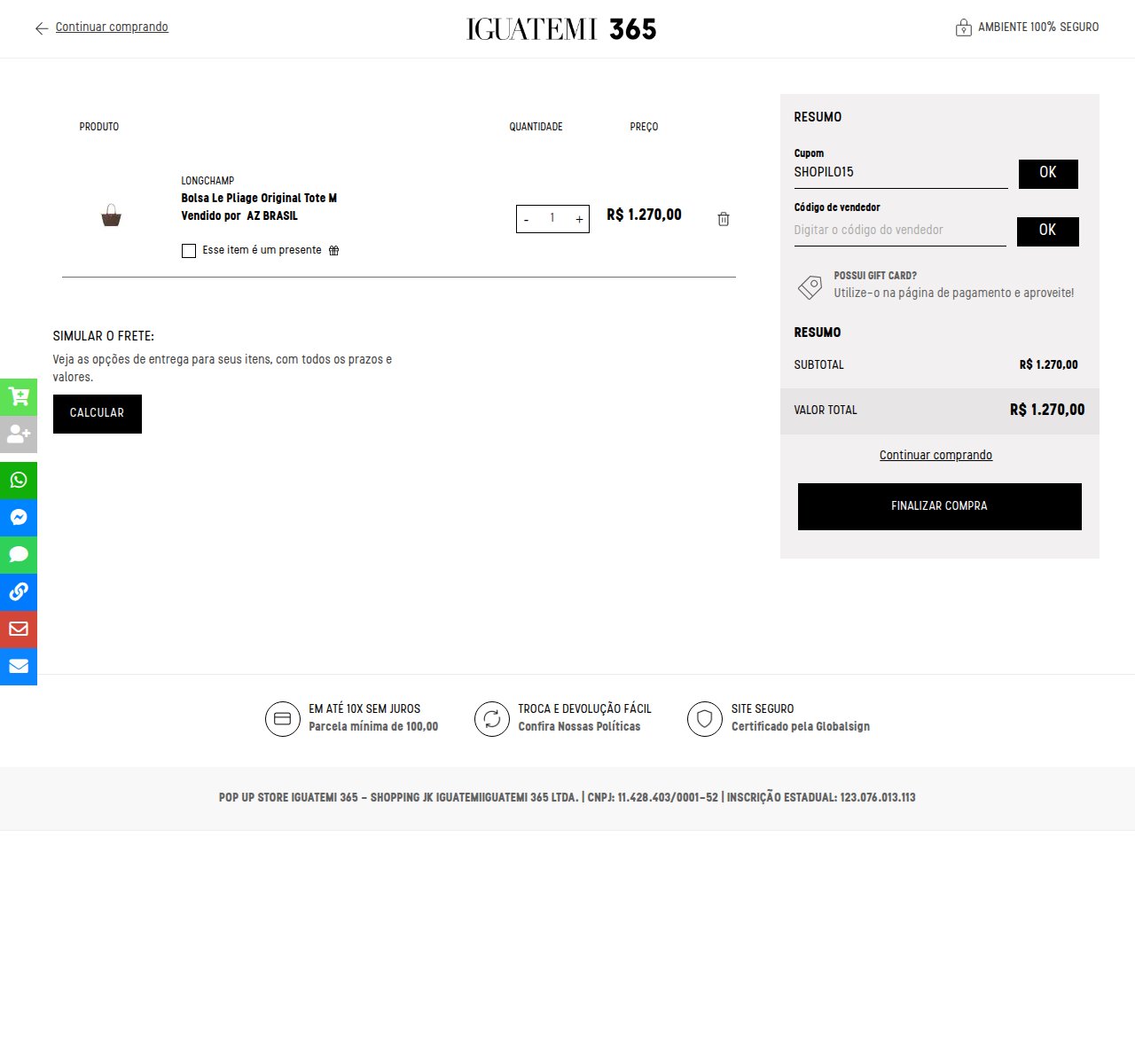 Onde inserir o código de desconto no site da Iguatemi 365