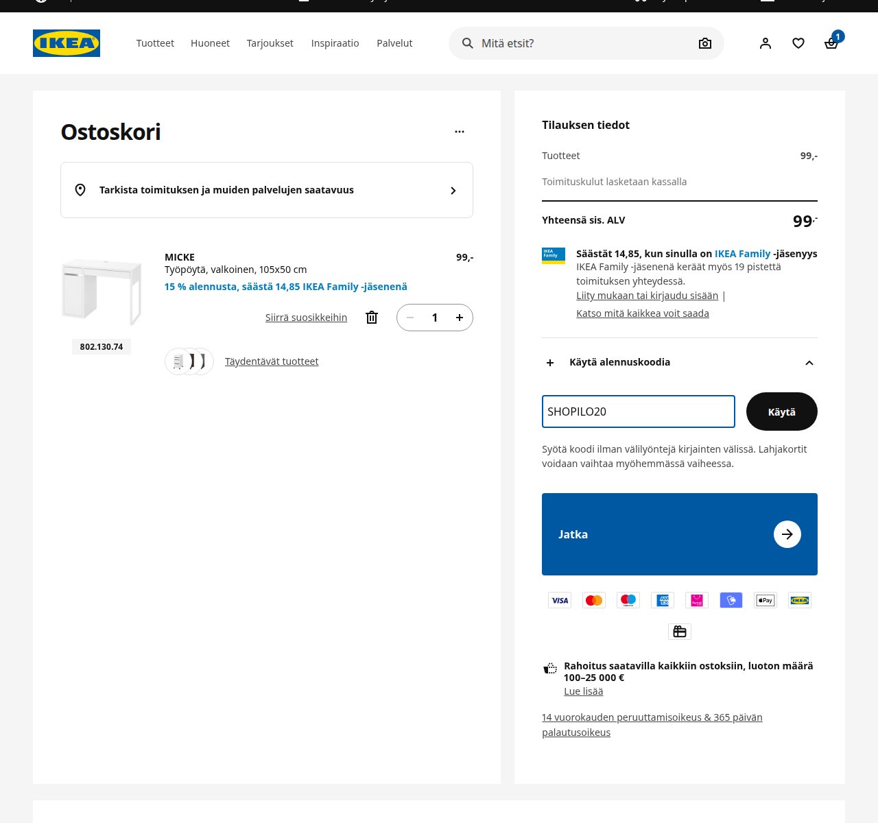Mihin alennuskoodi syötetään IKEA-sivustolla