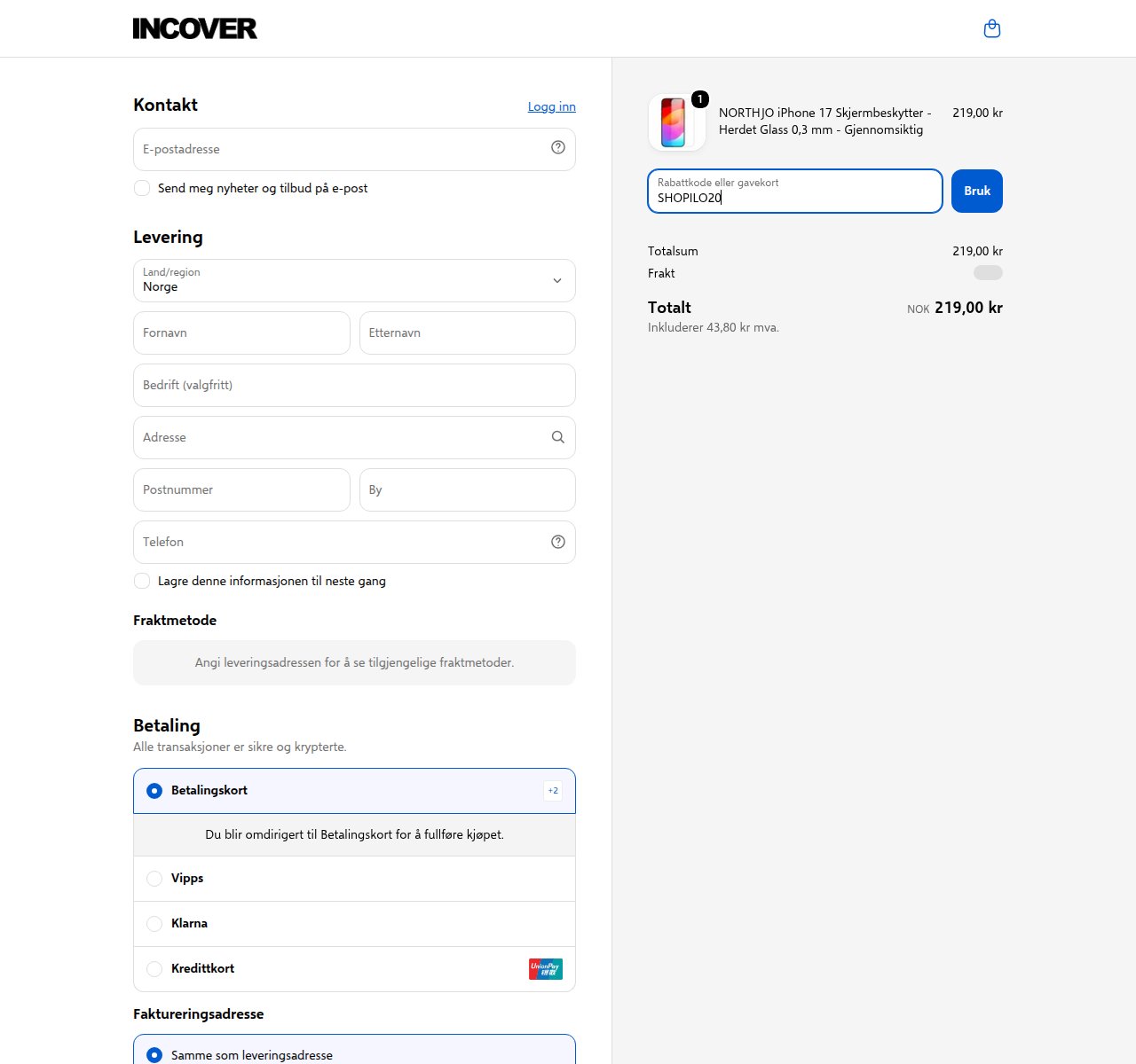 Where to enter the discount code on the Incover website