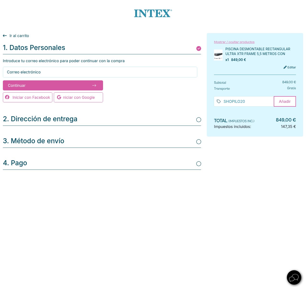 Dónde introducir el código de descuento en el sitio web de Intex