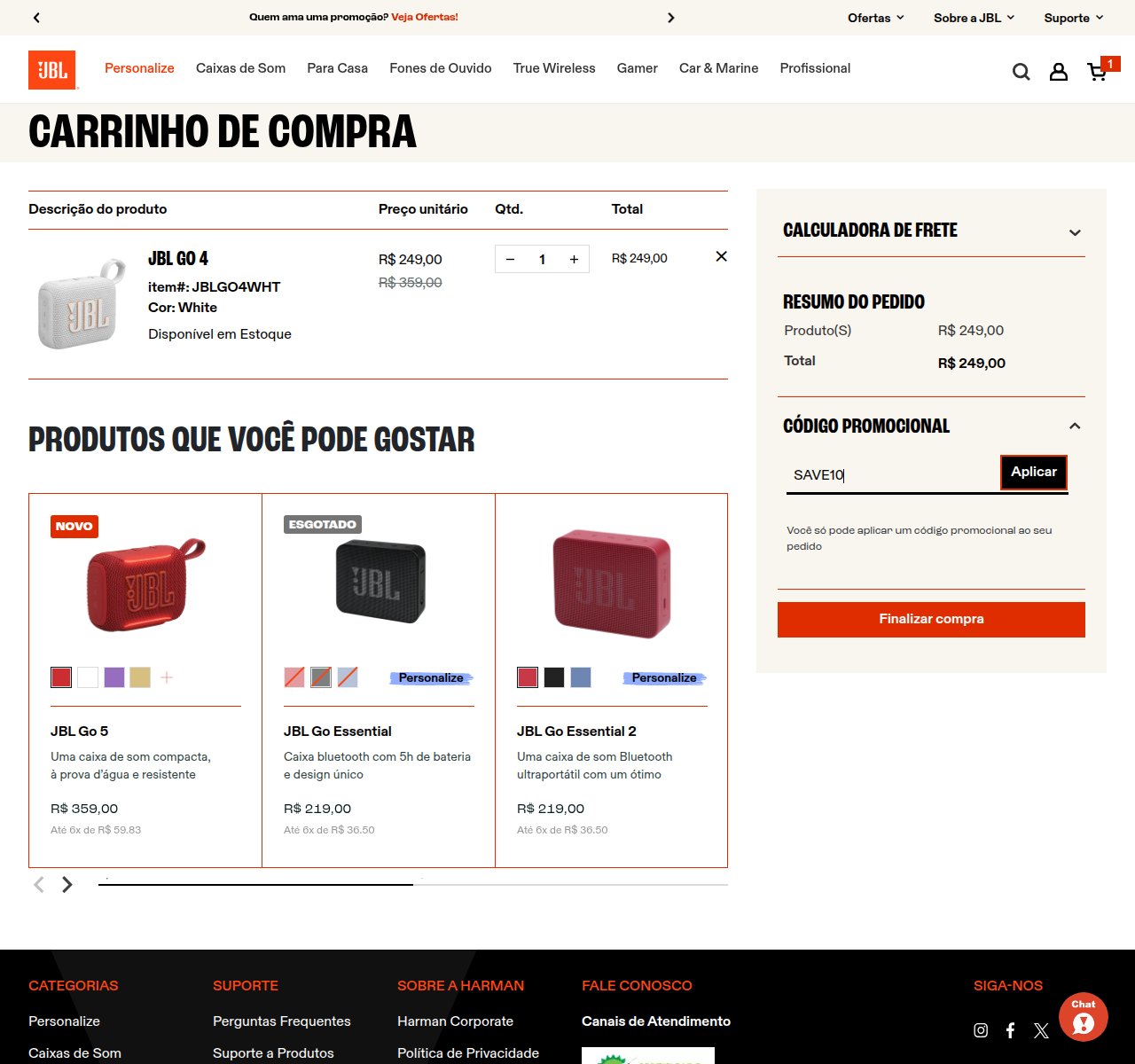 Onde inserir o código de desconto no site da JBL